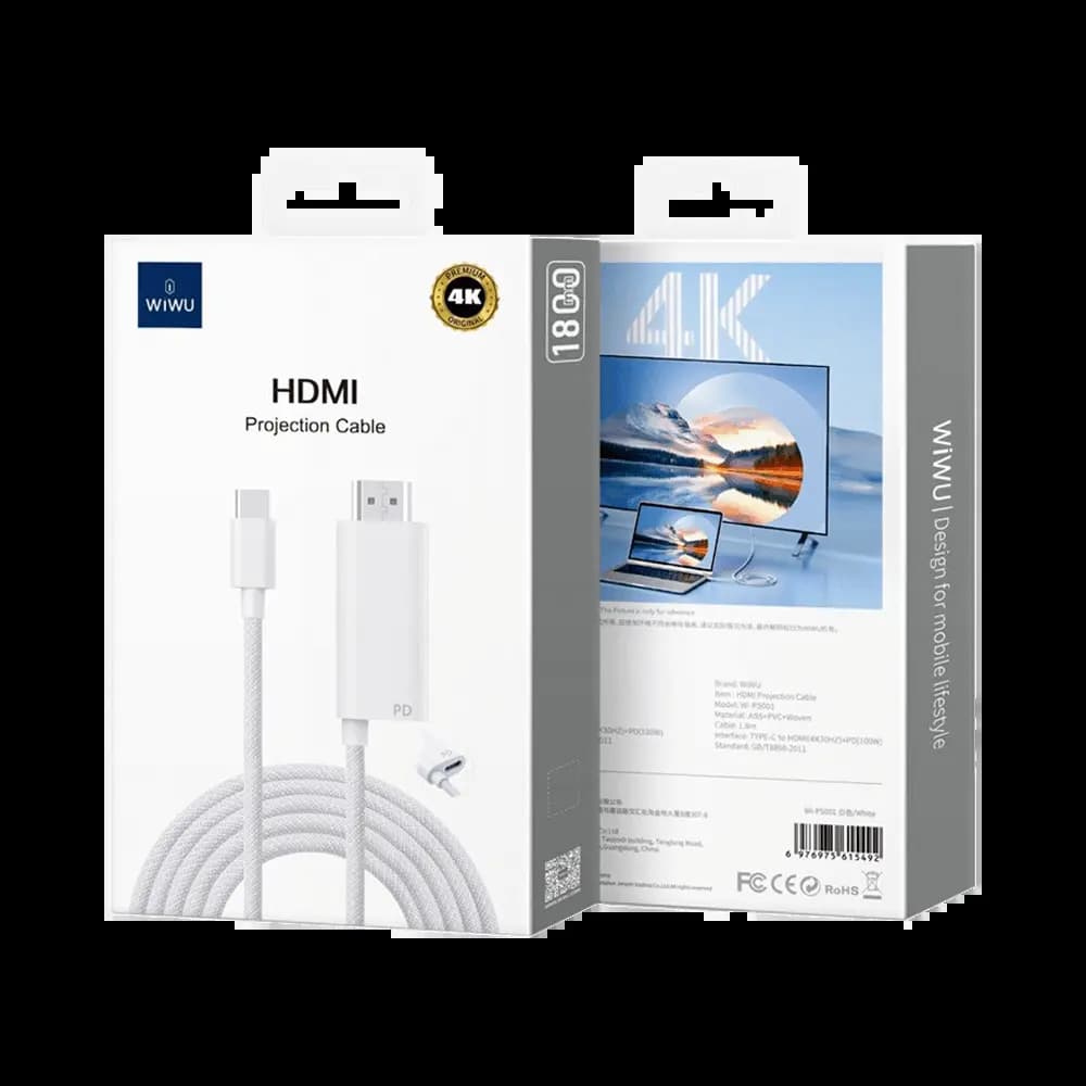 Câble USB-C vers HDMI Wiwu WI-PS001 4K avec port de charge 100W 1,8m - Blanc - Vue 32