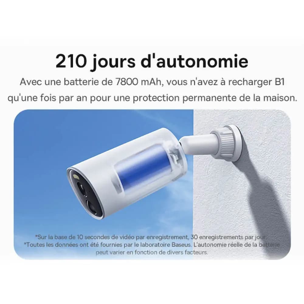 Caméra de Surveillance Sans Fil pour Extérieur Baseus 2K 8GB avec Batterie 7800mAh, Vision Nocturne et Micro Bidirectionnel Blanc