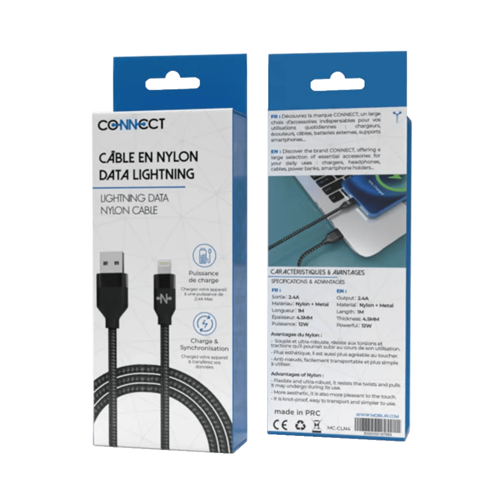 Câble Data Nylon Tressé USB vers Lightning CONNECT (1m) Noir