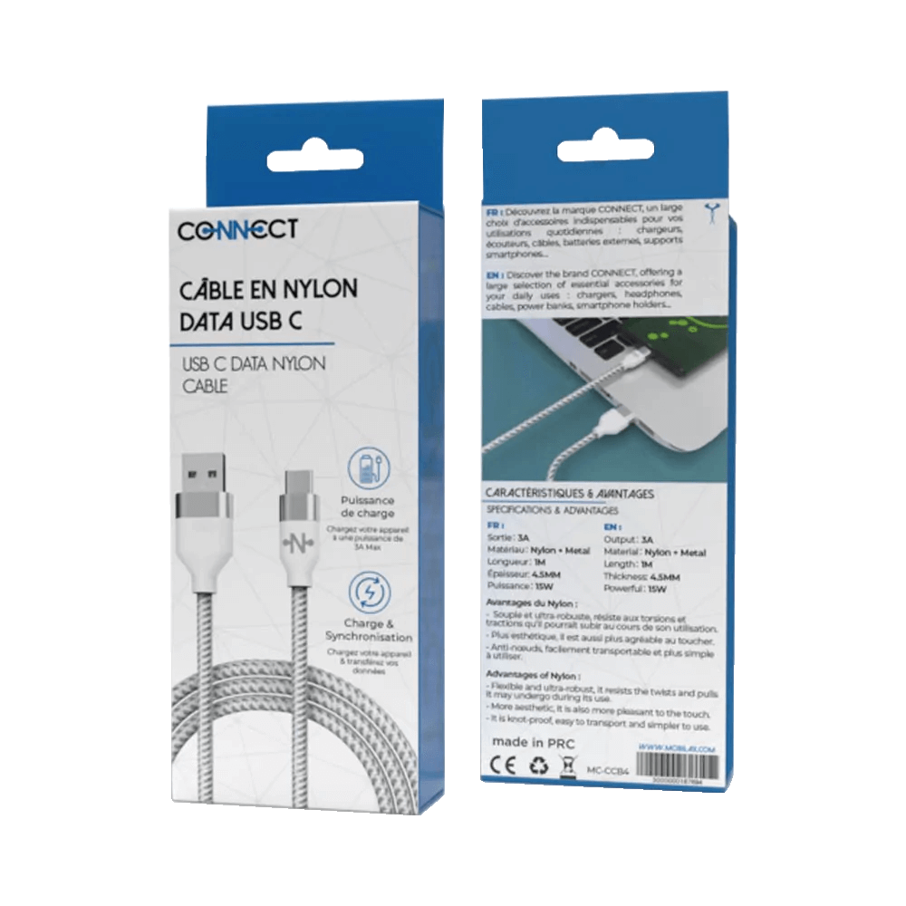 Câble Data Nylon Tressé USB vers Type-C CONNECT (1m) Blanc