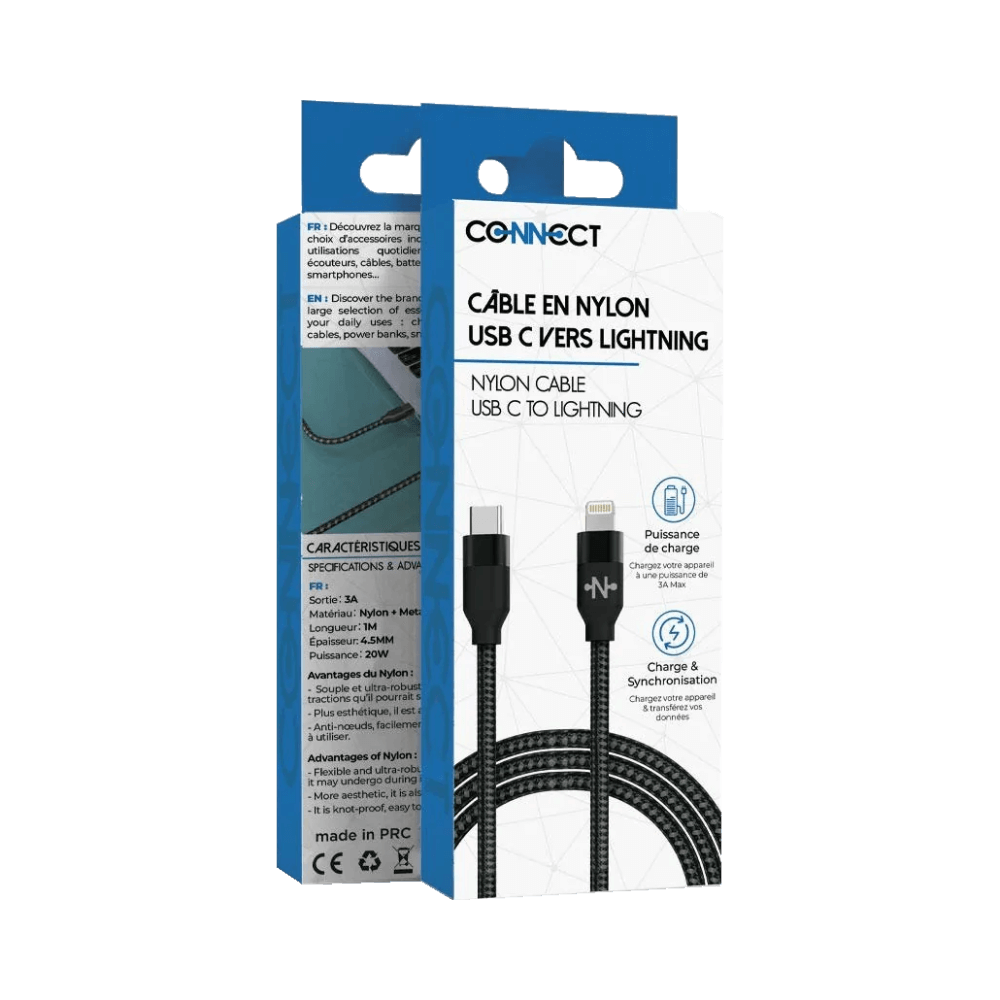 Câble Data Nylon Tressé Type-C vers Lightning CONNECT (2m) Noir