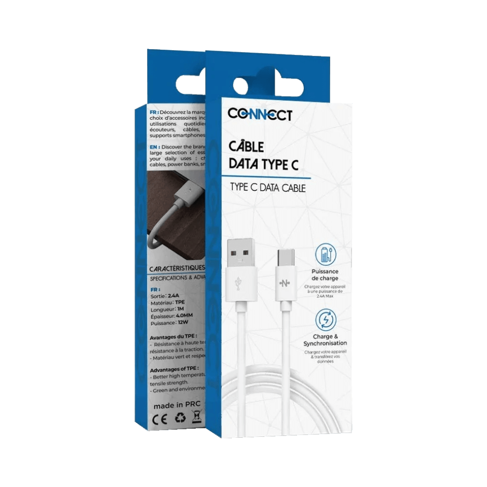 Câble Data USB vers Type-C CONNECT (1m) Blanc