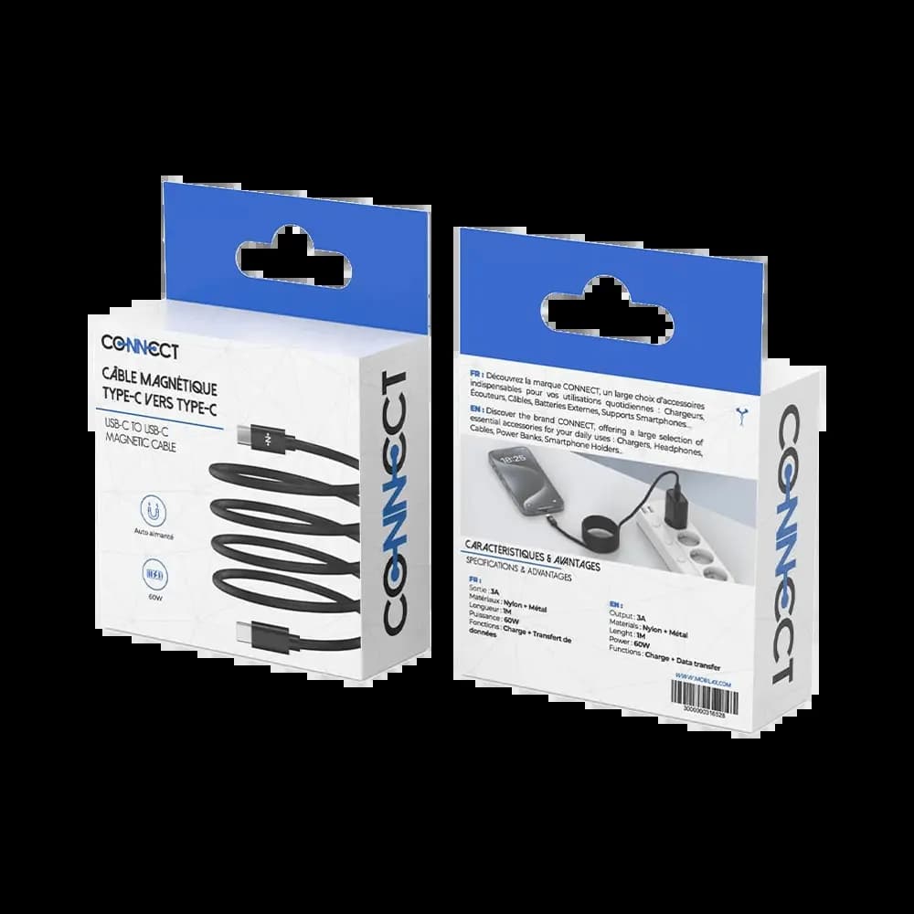 Câble Data Type-C vers Type-C CONNECT Magnétique 60W (1m) Noir