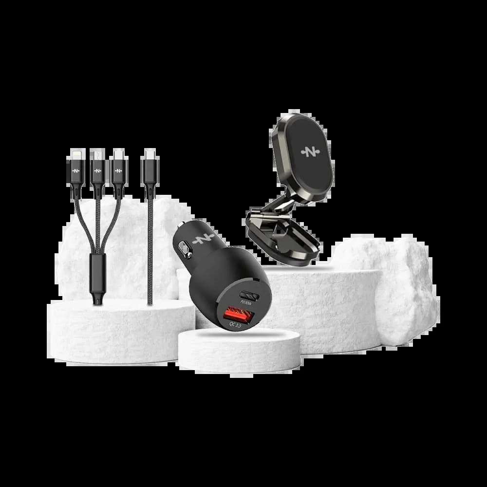 Pack Voiture CONNECT (Support Smartphone Magnétique 360° + Chargeur Allume-Cigare 48W + Câble de Charge 3A 3-en-1) Noir