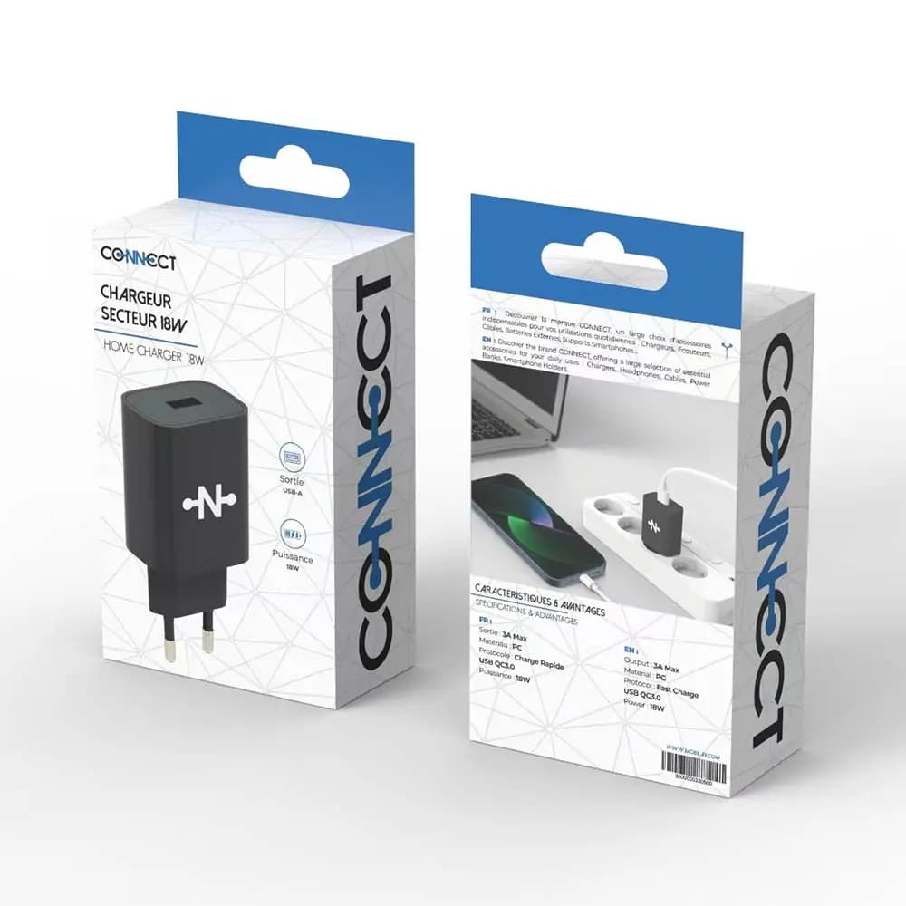 Chargeur secteur USB-A 18W – CONNECT Noir